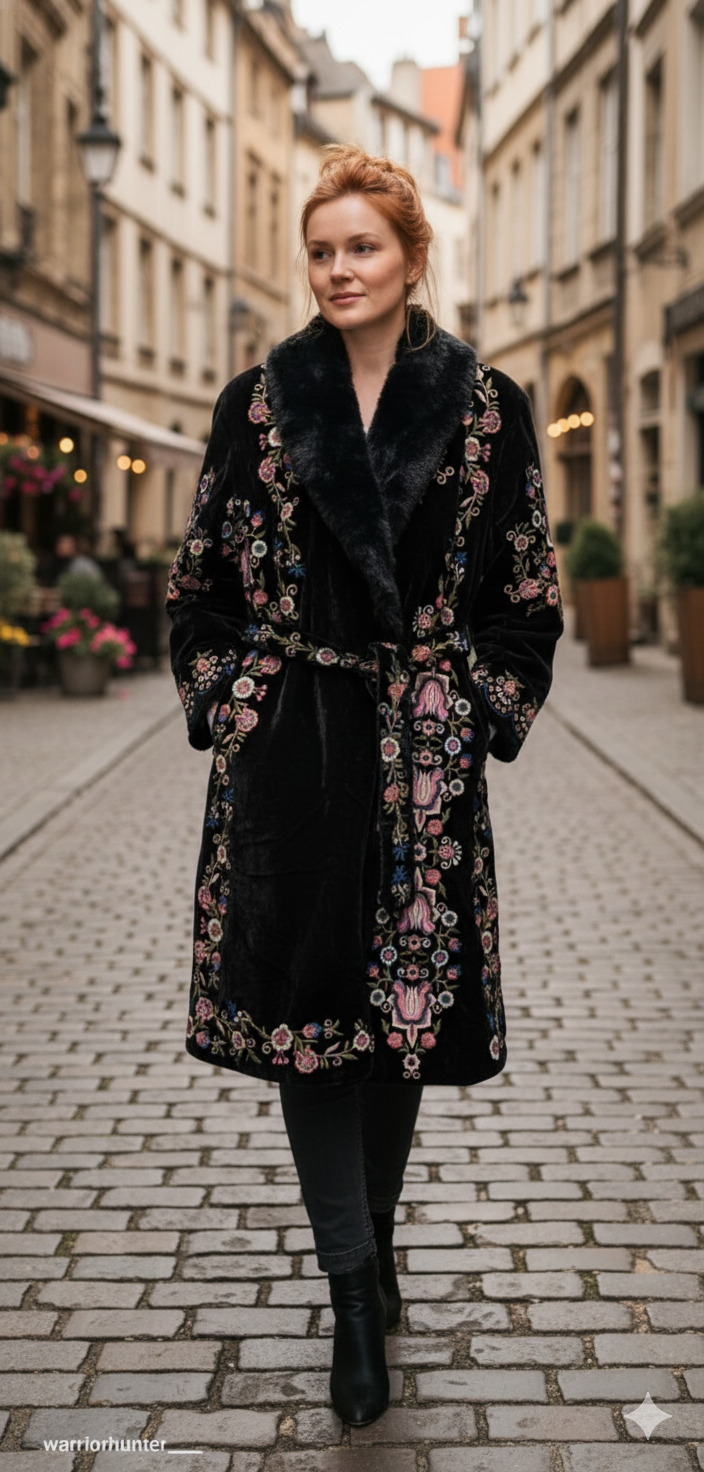 Black Velvet Embroidered Long Jacket for Women – Winter Floral Coat with Belted Waist and Faux Fur Collar1