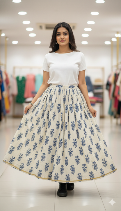 Off-White Handblock Printed Cotton Skirt for Women – Flared Long Skirt with Blue Floral Prints and Golden Border
