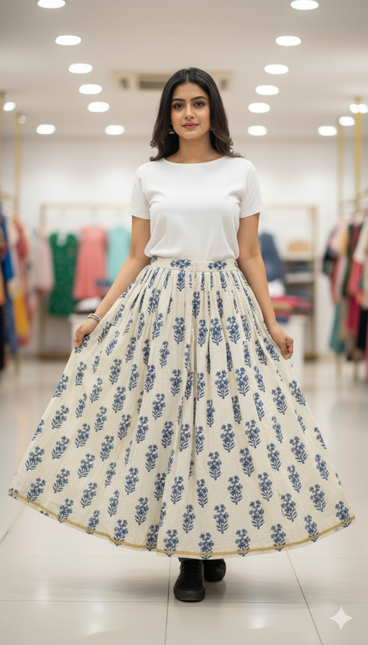 Off-White Handblock Printed Cotton Skirt for Women – Flared Long Skirt with Blue Floral Prints and Golden Border