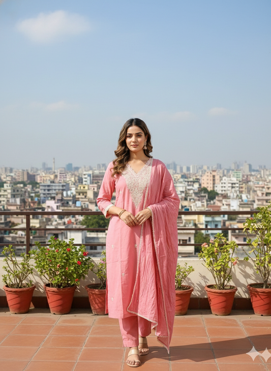 Women’s Pastel Pink Embroidered Kurti Pant Dupatta Set | Elegant Festive & Ethnic Wear Suit Set