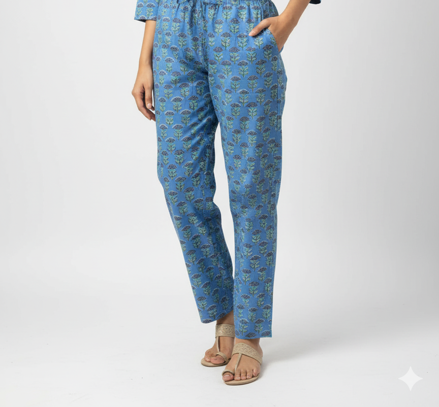 Every Day Blue Cotton Kurta Pant Set for Women – Handblock Printed Daily Wear Outfit
