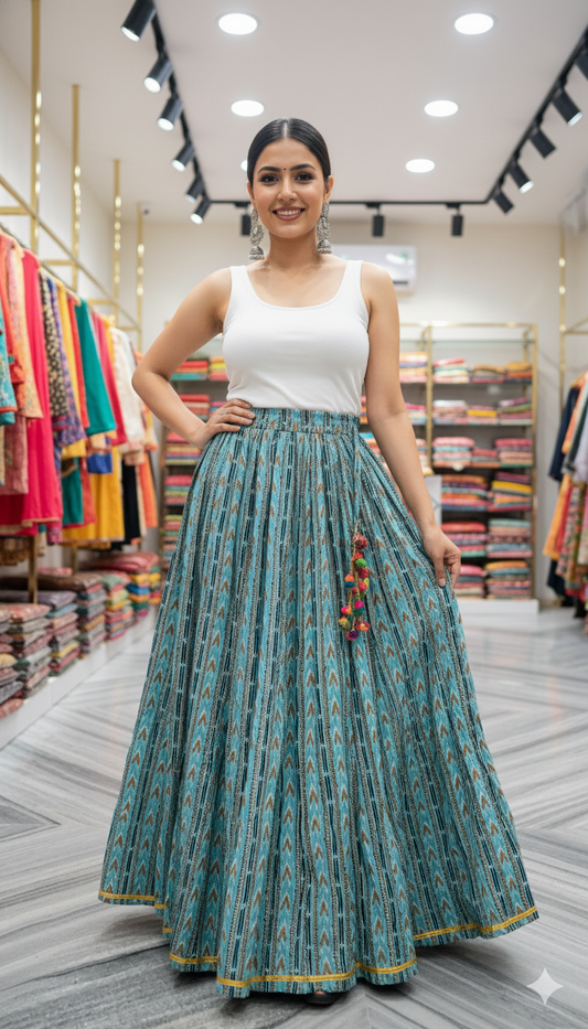 Turquoise Blue Handblock Printed Cotton Skirt for Women – Flared Long Skirt with Arrow Motifs and Tassel Detailing