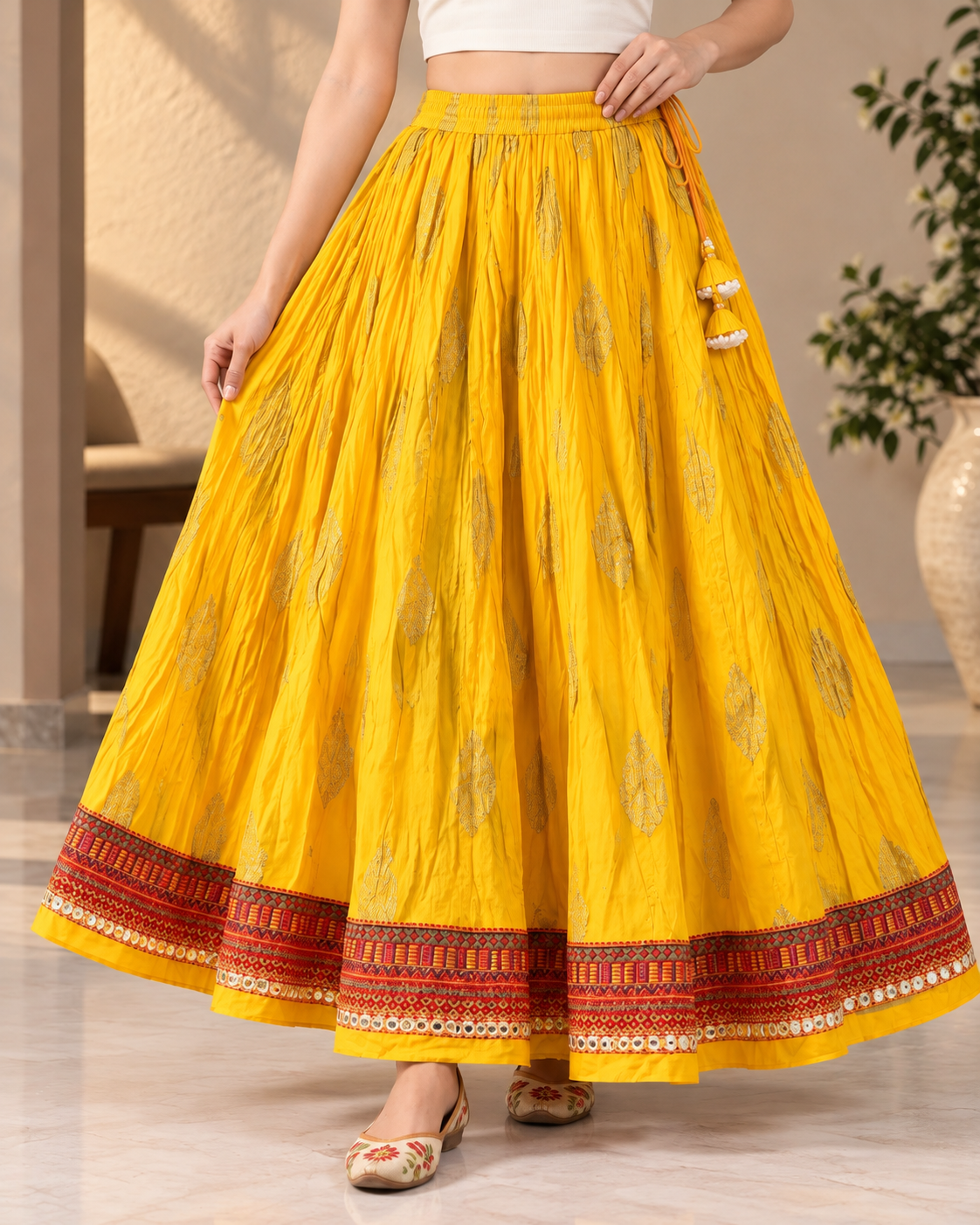 Women's Mustard Yellow Ottoman Cotton Flared Maxi Skirt with Ethnic Print & Tassels
