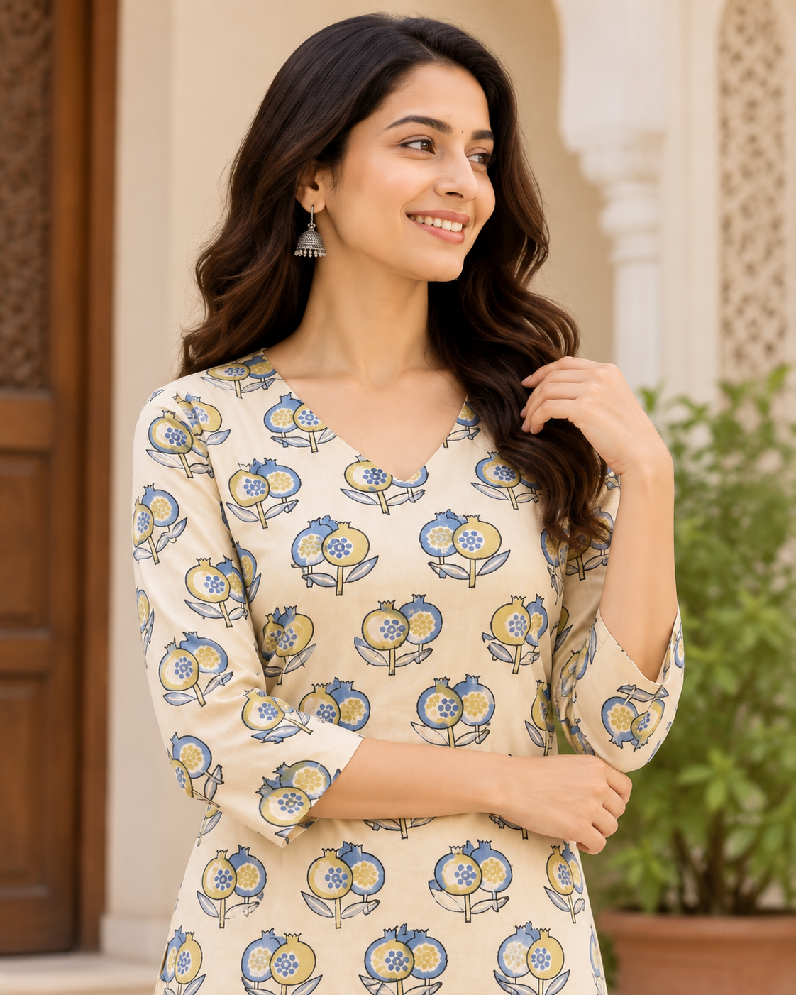 Women’s Hand Block Printed Knee-Length Kurti with Pockets | Beige Floral V-Neck Kurta