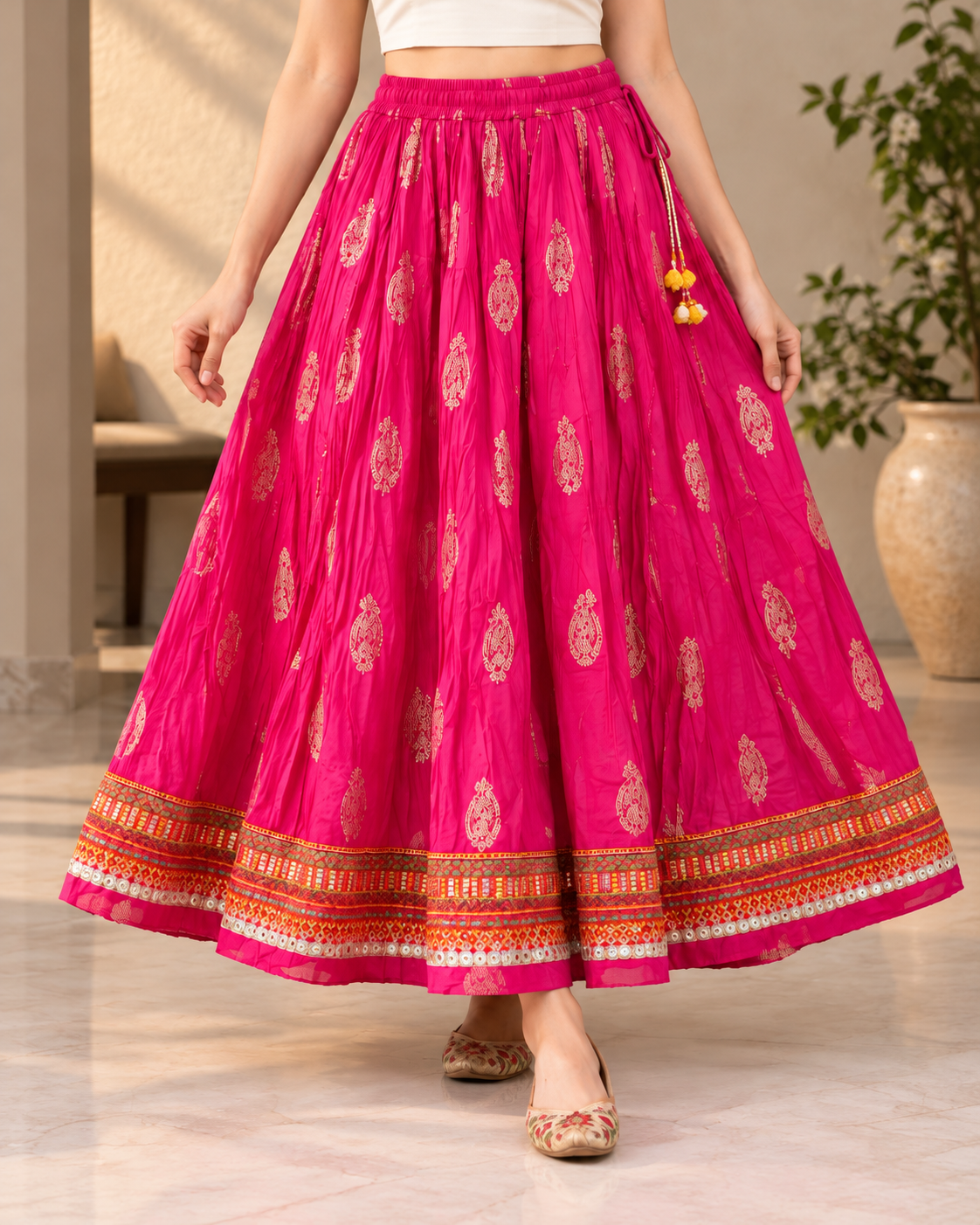 Women's Rani Pink Ottoman Cotton Flared Maxi Skirt with Ethnic Print & Decorative Border
