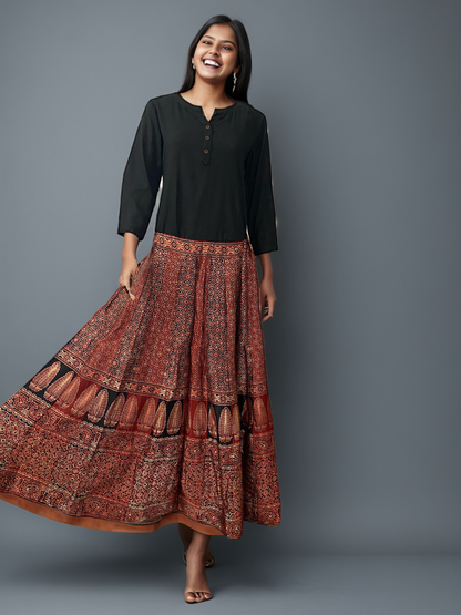 Ajrakh Modal Silk Ethnic Printed Long Skirt