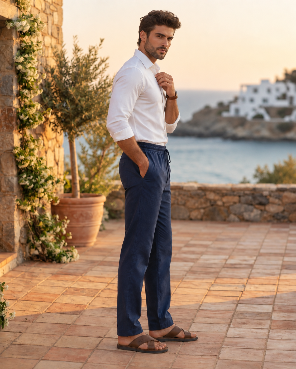 Men’s Cotton Linen Blend Indigo Blue Pants | Relaxed Fit Drawstring Casual Trousers