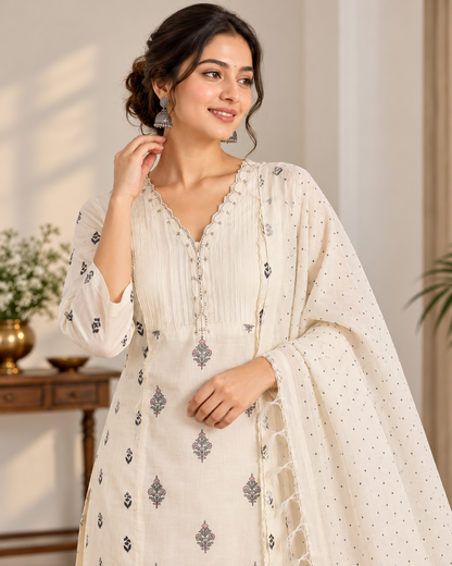 Women’s Mal Chanderi Off-White Printed Kurti Pant Set with Dupatta | Elegant 3-Piece Ethnic Set