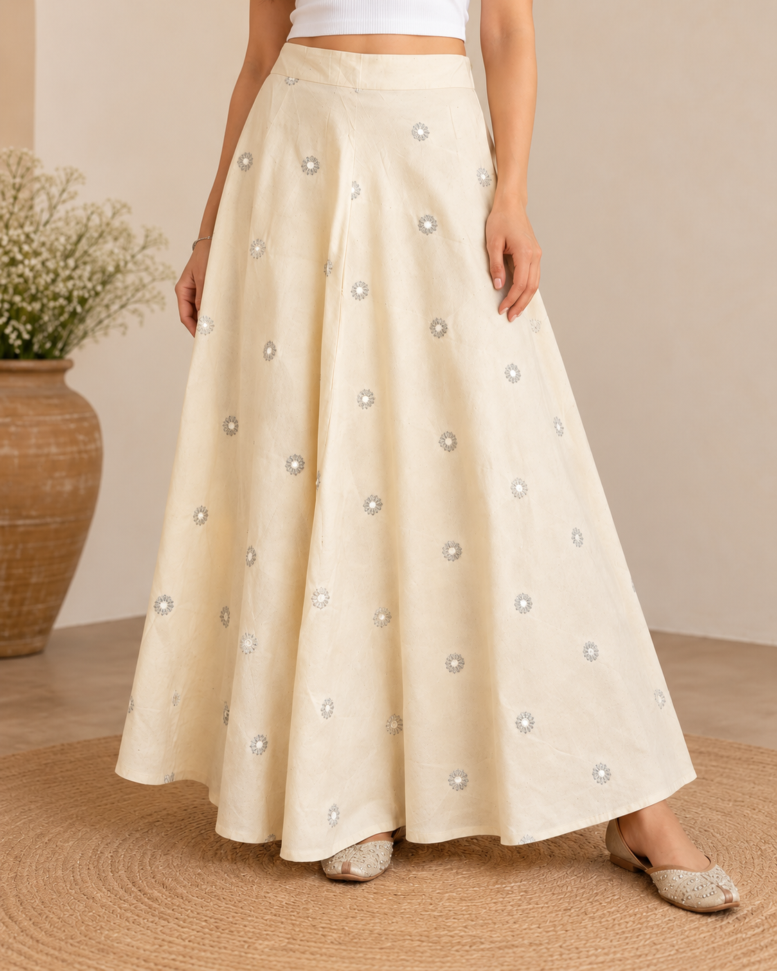 Women's Natural Handwoven Cotton Flared Maxi Skirt with Mirror Work | Ethnic Long Skirt