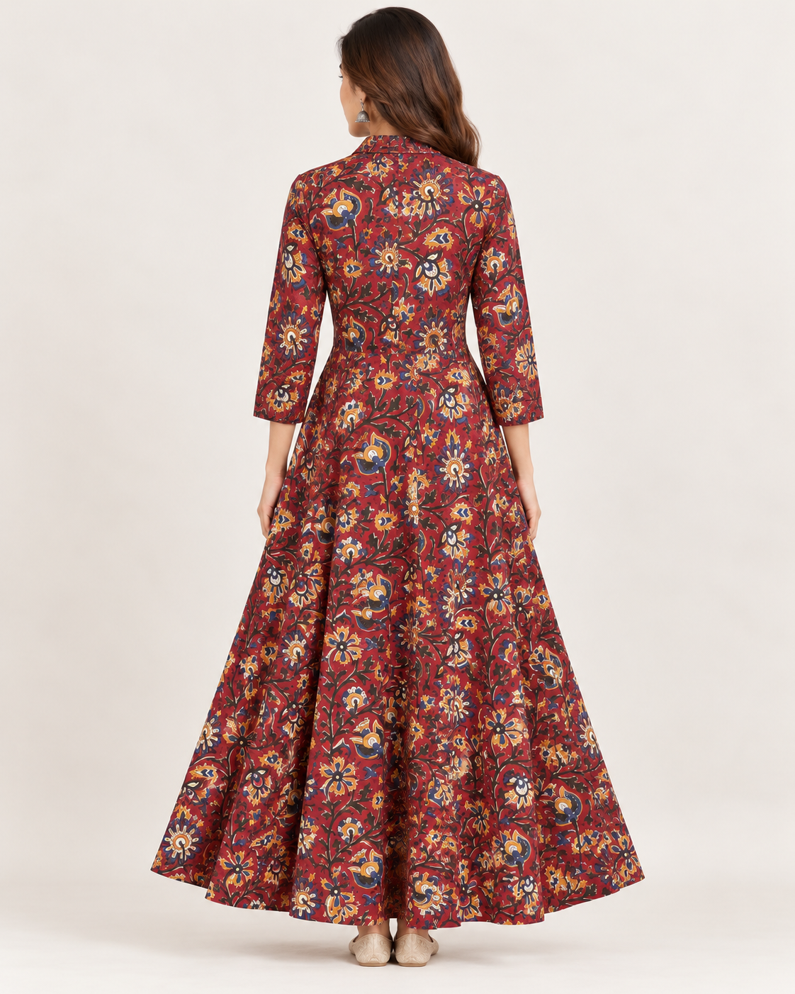 Natural Fab Women's Maroon Floral Printed Cotton Flared Maxi Dress with Collar & Side Pockets