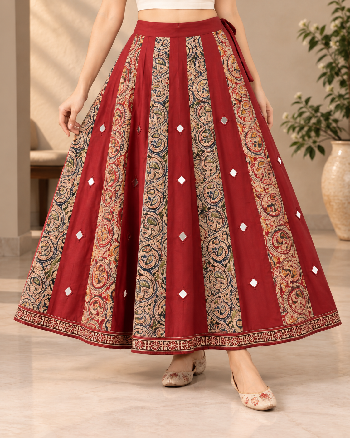 Women's Maroon Kalamkari Printed Long Flared Skirt with Mirror Work & Ethnic Border