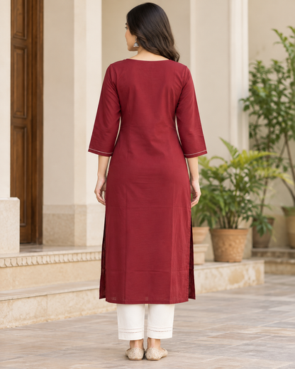 Natural Fab Women's Maroon Floral Embroidered Straight Kurti with Notch Neck & 3/4 Sleeves