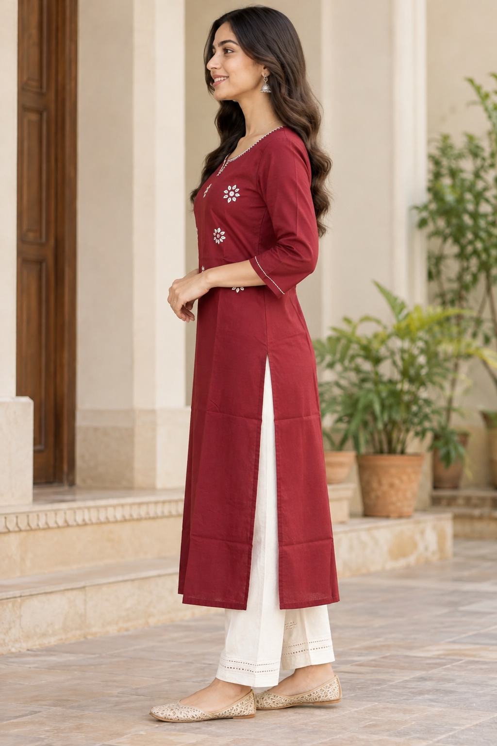Natural Fab Women's Maroon Floral Embroidered Straight Kurti with Notch Neck & 3/4 Sleeves