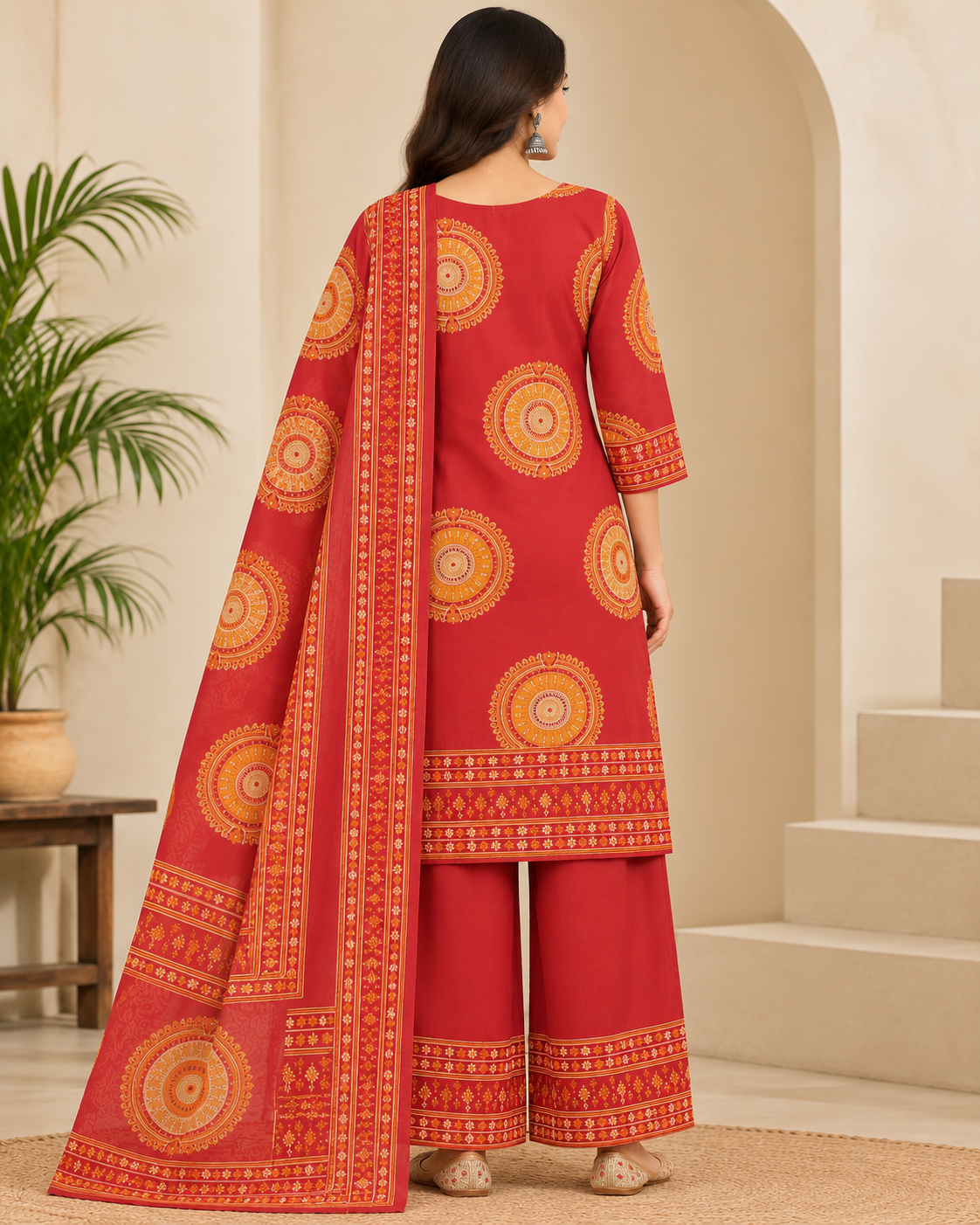 Women's Maroon Ethnic Printed Kurti Palazzo Set with Dupatta | Traditional 3-Piece Kurta Set
