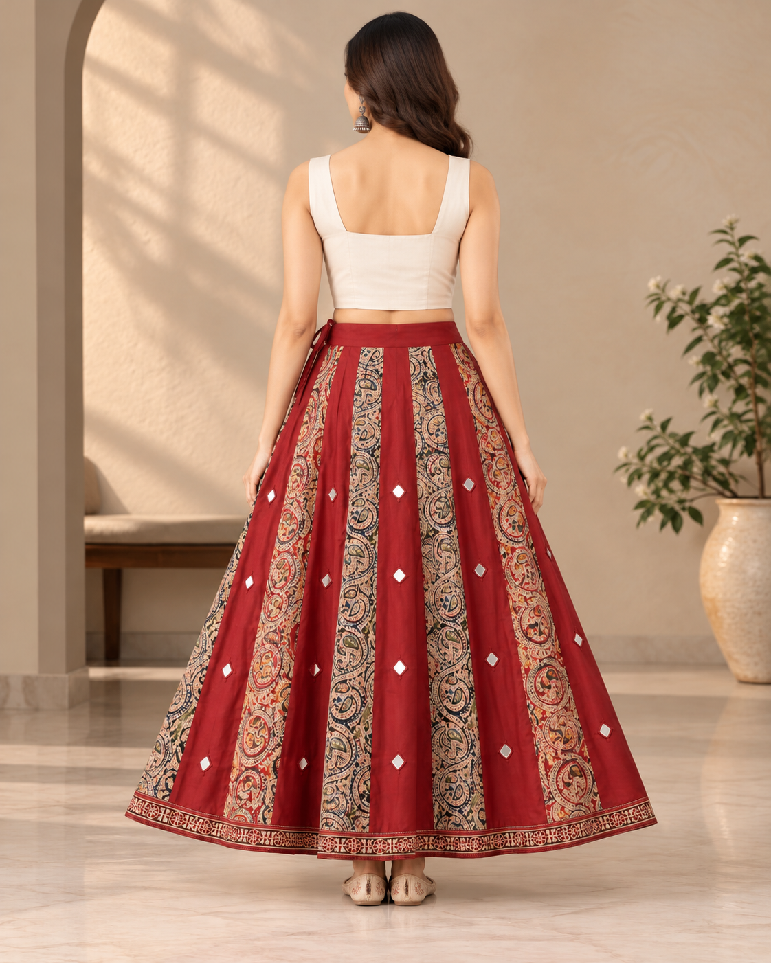 Women's Maroon Kalamkari Printed Long Flared Skirt with Mirror Work & Ethnic Border