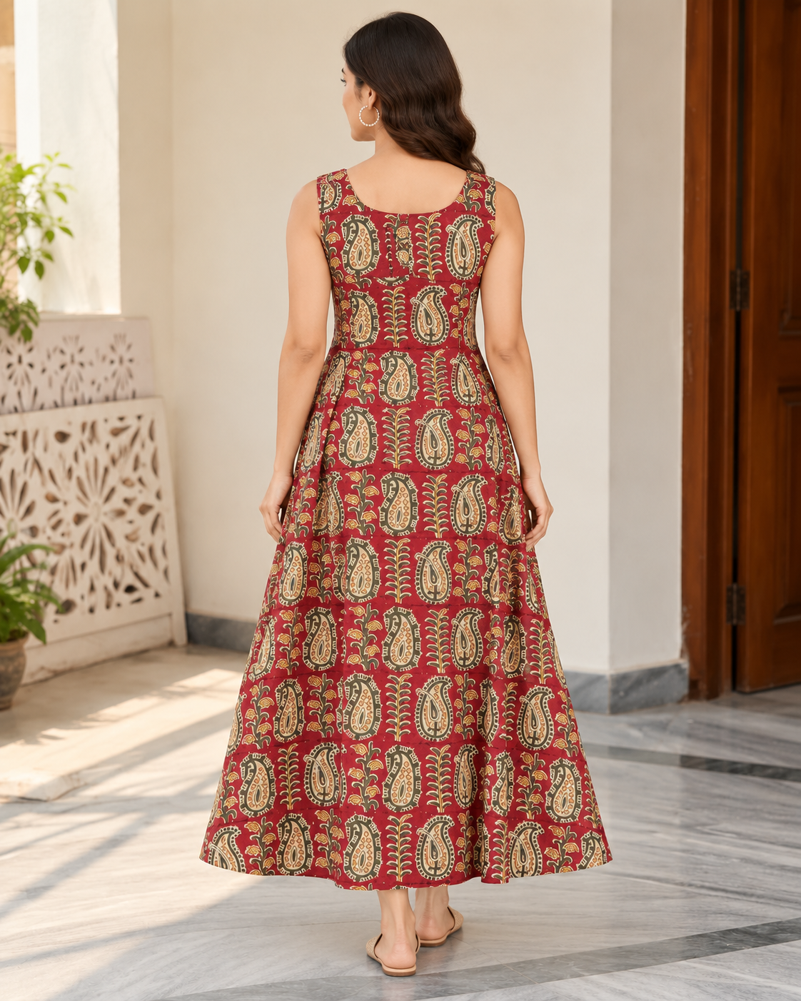 Women’s Handblock Kalamkari Print 100% Pure Cotton Maxi Dress with Pockets | Sleeveless Flared Dress