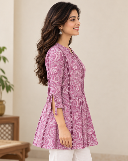 Women's Pink Floral Printed Cotton Short Kurti | Flared Fit 3/4 Sleeve Ethnic Tunic Top