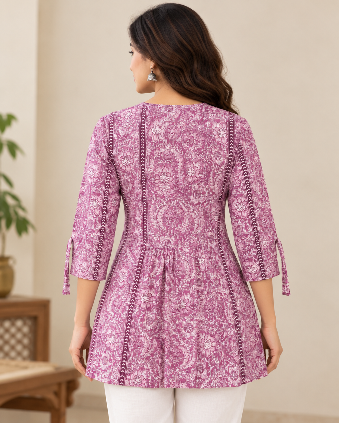 Women's Pink Floral Printed Cotton Short Kurti | Flared Fit 3/4 Sleeve Ethnic Tunic Top