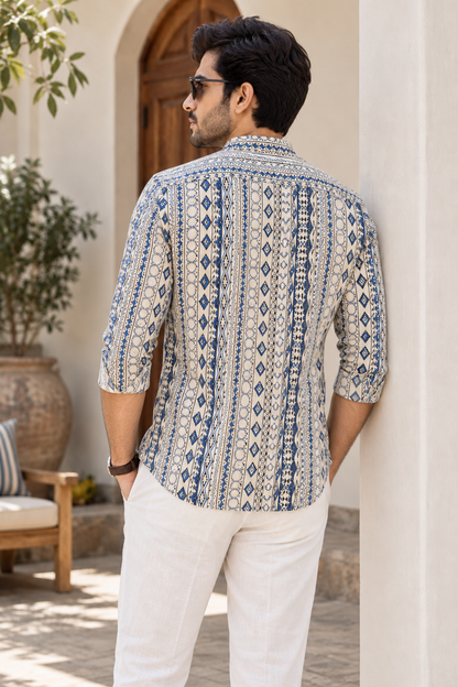 Natural Fab Men’s Neel Bagh Hand Block Printed Short Kurta in Blue & Cream with Mandarin Collar