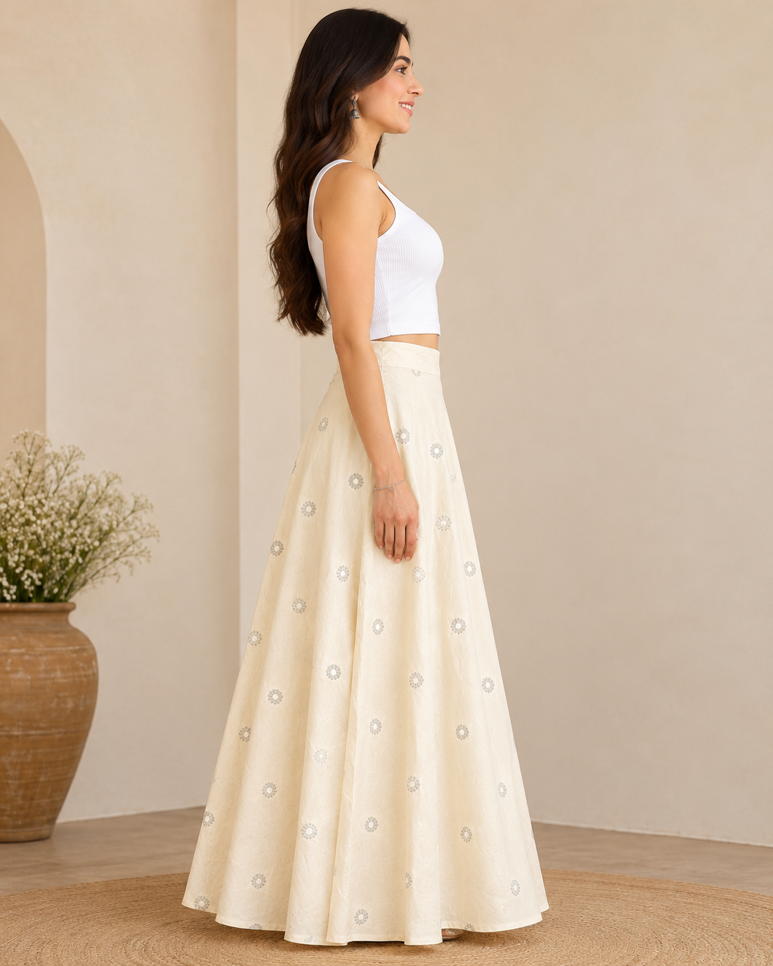 Women's Natural Handwoven Cotton Flared Maxi Skirt with Mirror Work | Ethnic Long Skirt