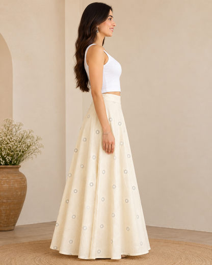 Women's Natural Handwoven Cotton Flared Maxi Skirt with Mirror Work | Ethnic Long Skirt