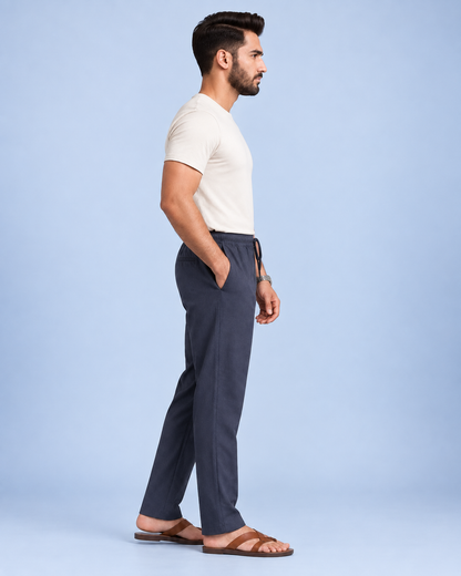 Men’s Cotton Linen Blend Gray Pants | Relaxed Fit Drawstring Casual Trousers with Pockets
