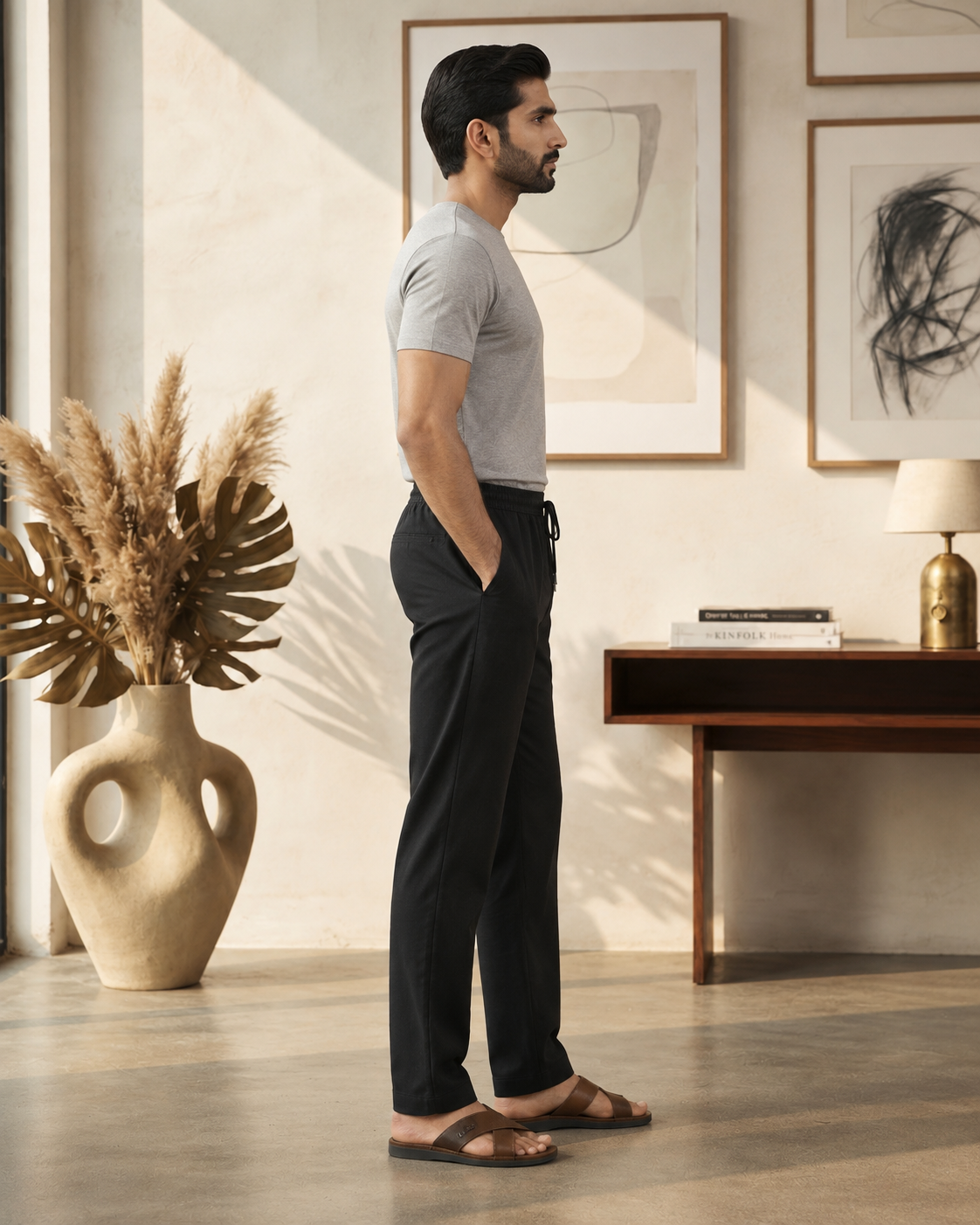 Men’s Cotton Linen Blend Black Pants | Relaxed Fit Drawstring Casual Trousers with Pockets