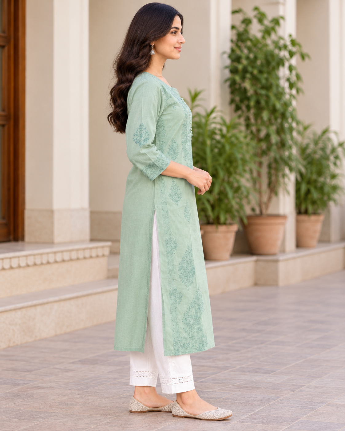 Women's Cotton Chikankari Embroidered Long Straight Kurti with 3/4 Sleeves – Sage Green
