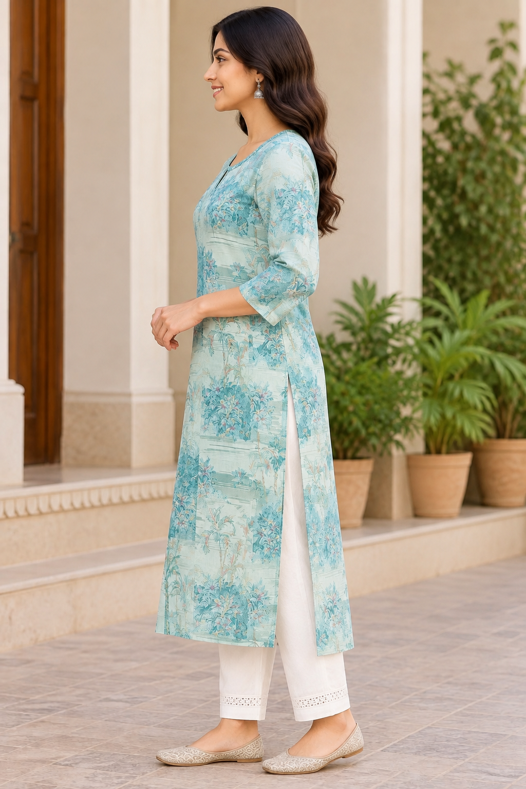Women's Aqua Mint Green Floral Printed Straight Maslin Long Kurti with 3/4 Sleeves & Keyhole Neck