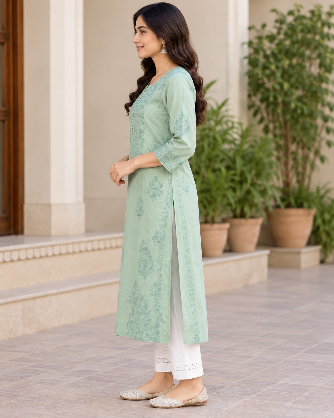 Women's Cotton Chikankari Embroidered Long Straight Kurti with 3/4 Sleeves – Sage Green