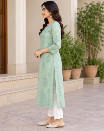 Women's Cotton Chikankari Embroidered Long Straight Kurti with 3/4 Sleeves – Sage Green