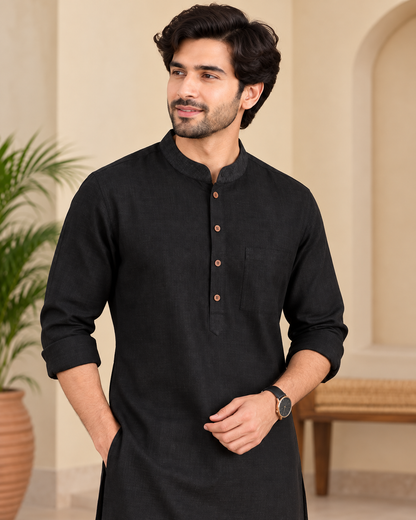 Men's Black Handwoven Cotton Long Kurta | Solid Mandarin Collar Full Sleeve Ethnic Wear