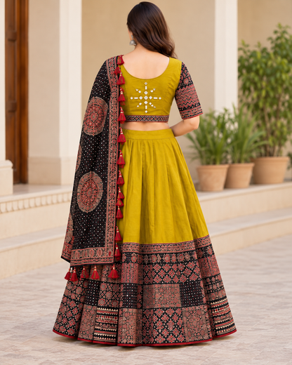 Women's Mustard Yellow Cotton Flared Lehenga Choli Set with Ajrakh-Inspired Print & Dupatta