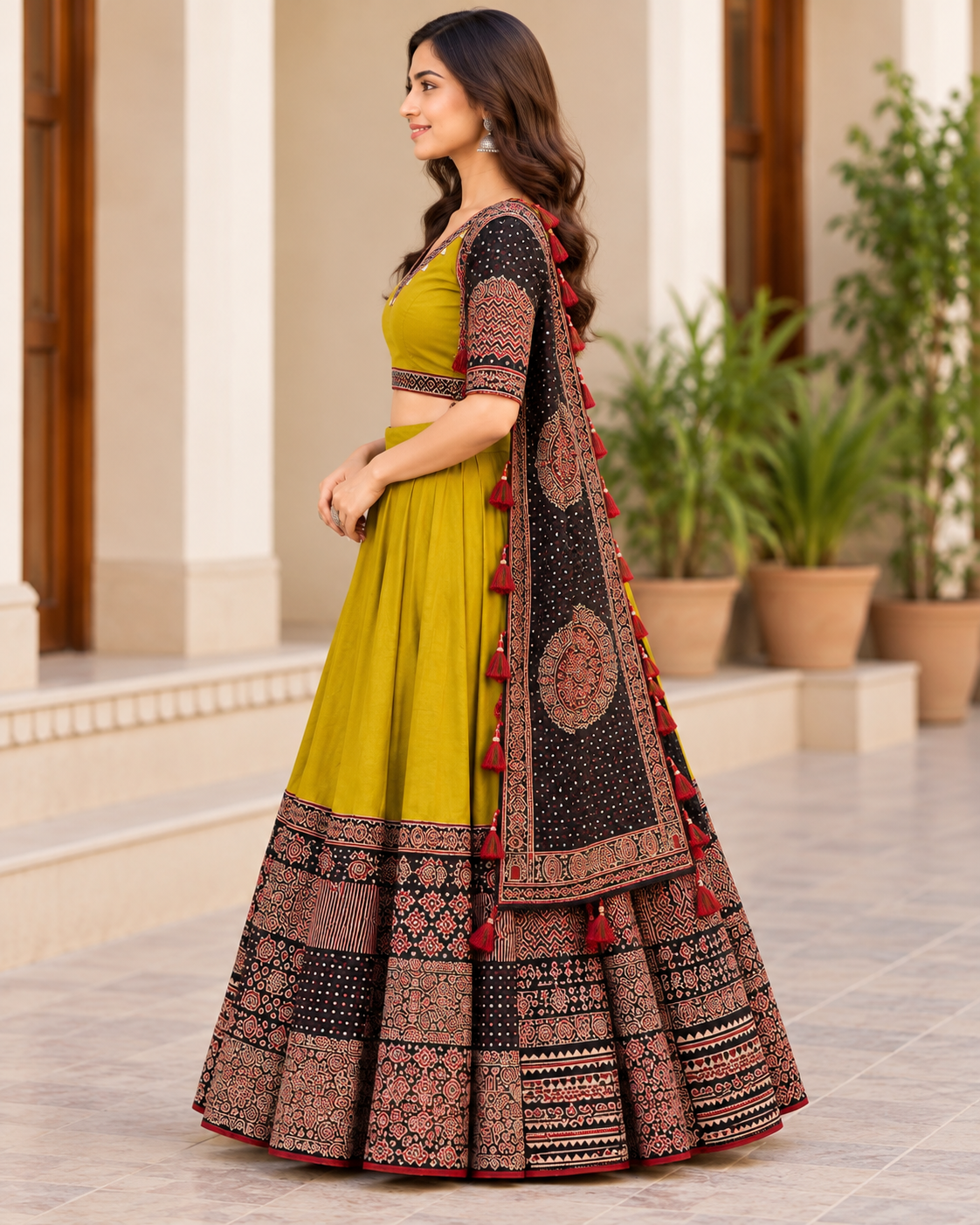 Women's Mustard Yellow Cotton Flared Lehenga Choli Set with Ajrakh-Inspired Print & Dupatta