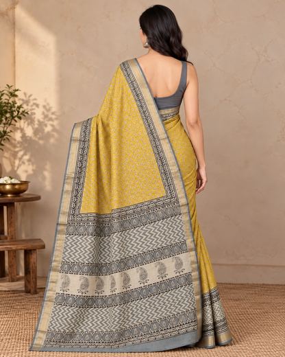 Natural Fab Maheshwari Silk Hand Block Printed Saree with Blouse | 6.30 Metres