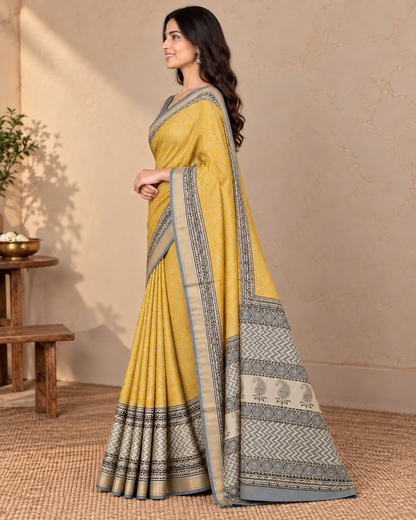 Natural Fab Maheshwari Silk Hand Block Printed Saree with Blouse | 6.30 Metres