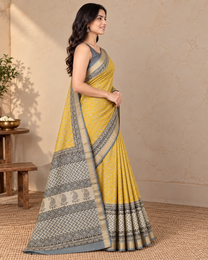 Natural Fab Maheshwari Silk Hand Block Printed Saree with Blouse | 6.30 Metres