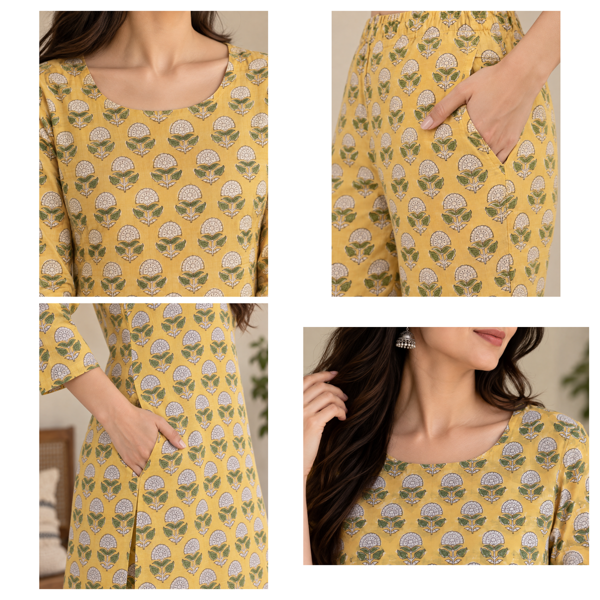 Natural Fab Women’s Mustard Yellow Hand Block Printed Cotton Knee-Length Kurta Pant Set
