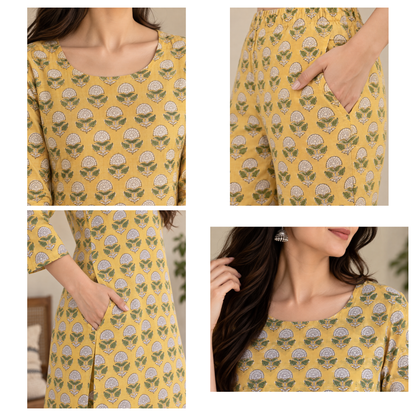 Natural Fab Women’s Mustard Yellow Hand Block Printed Cotton Knee-Length Kurta Pant Set