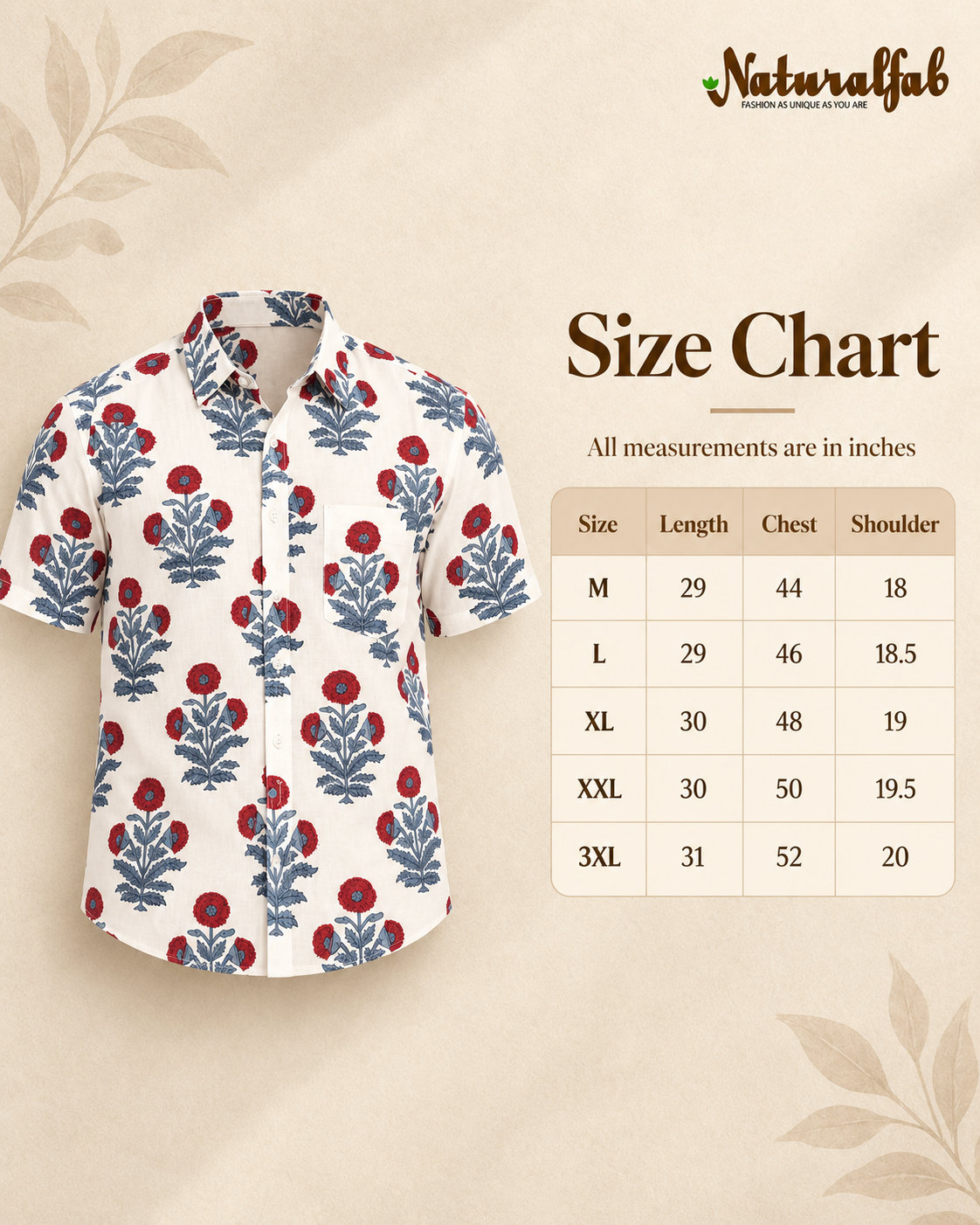 Men’s 100% Pure Cotton Hand Block Printed Half Sleeve Shirt | Floral Casual Shirt with Pocket