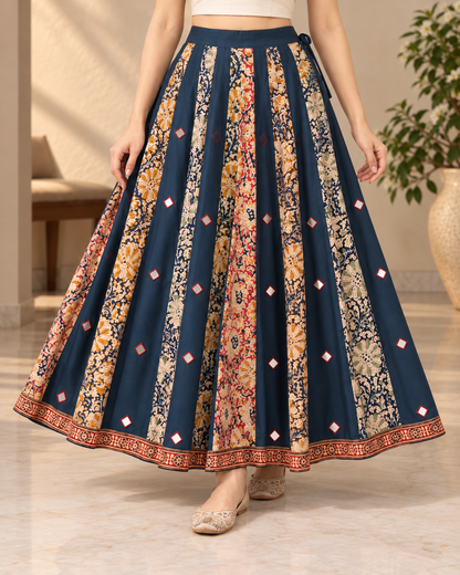 Women's Kalamkari Printed Flared Maxi Skirt with Mirror Work & Traditional Border – Navy Blue