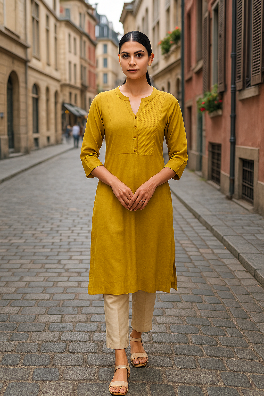 Mustard Yellow Cotton Straight Kurti for Women – Elegant Everyday Wear with Pintuck Detailing