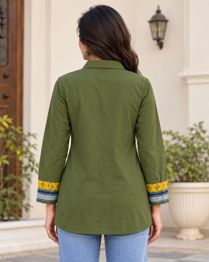 Natural Fab Women's Olive Green Cotton Printed Shirt Style Top with Patch Pocket & Full Sleeves