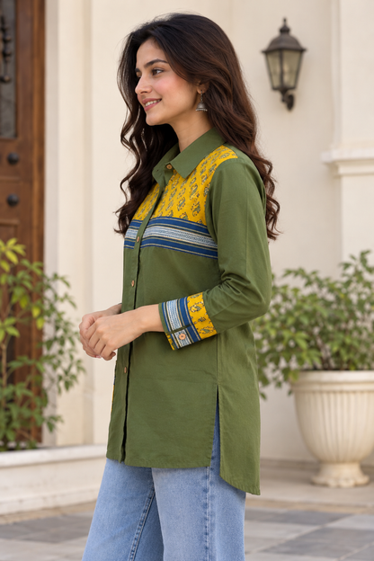 Natural Fab Women's Olive Green Cotton Printed Shirt Style Top with Patch Pocket & Full Sleeves