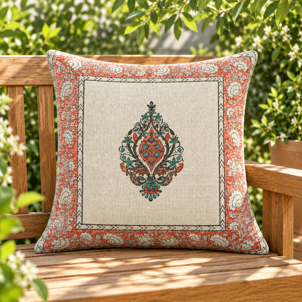 Hand Block Printed Jute Cushion Cover – Beige with Teal Green & Terracotta Floral Buta Print and Decorative Border | 16 x 16 Inches
