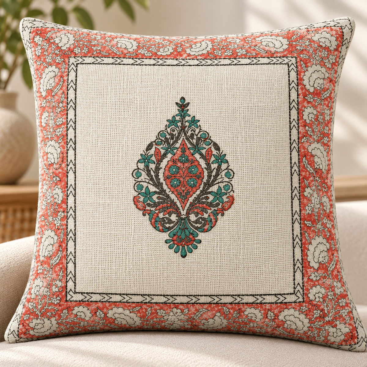 Hand Block Printed Jute Cushion Cover – Beige with Teal Green & Terracotta Floral Buta Print and Decorative Border | 16 x 16 Inches