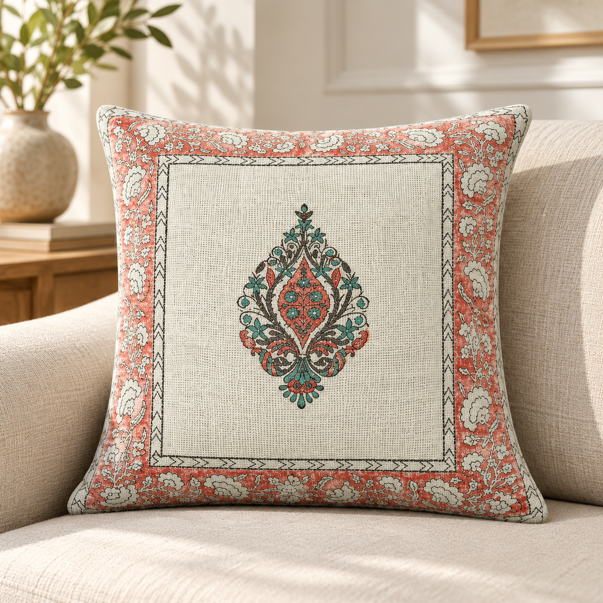 Hand Block Printed Jute Cushion Cover – Beige with Teal Green & Terracotta Floral Buta Print and Decorative Border | 16 x 16 Inches