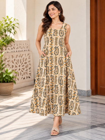 Women’s Handblock Kalamkari Print 100% Pure Cotton Maxi Dress with Pockets | Sleeveless Flared Dress