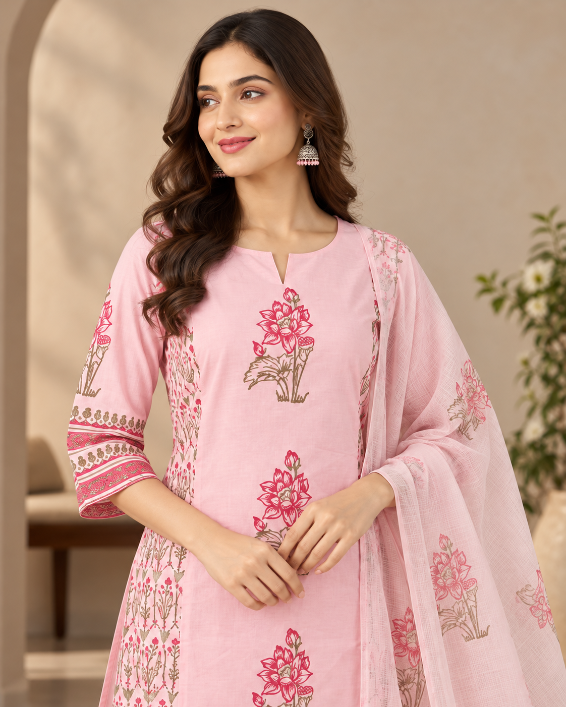 Women's Pink Cotton Hand Block Printed Kurti Pant Set with Kota Doria Dupatta | 3 Piece Ethnic Set