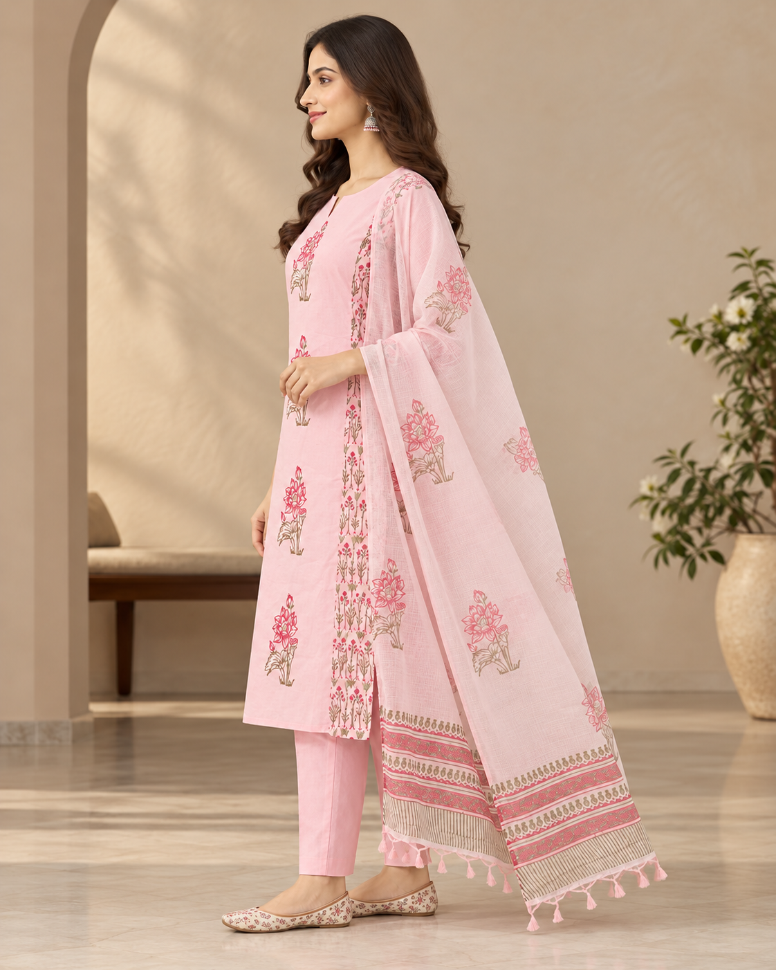 Women's Pink Cotton Hand Block Printed Kurti Pant Set with Kota Doria Dupatta | 3 Piece Ethnic Set